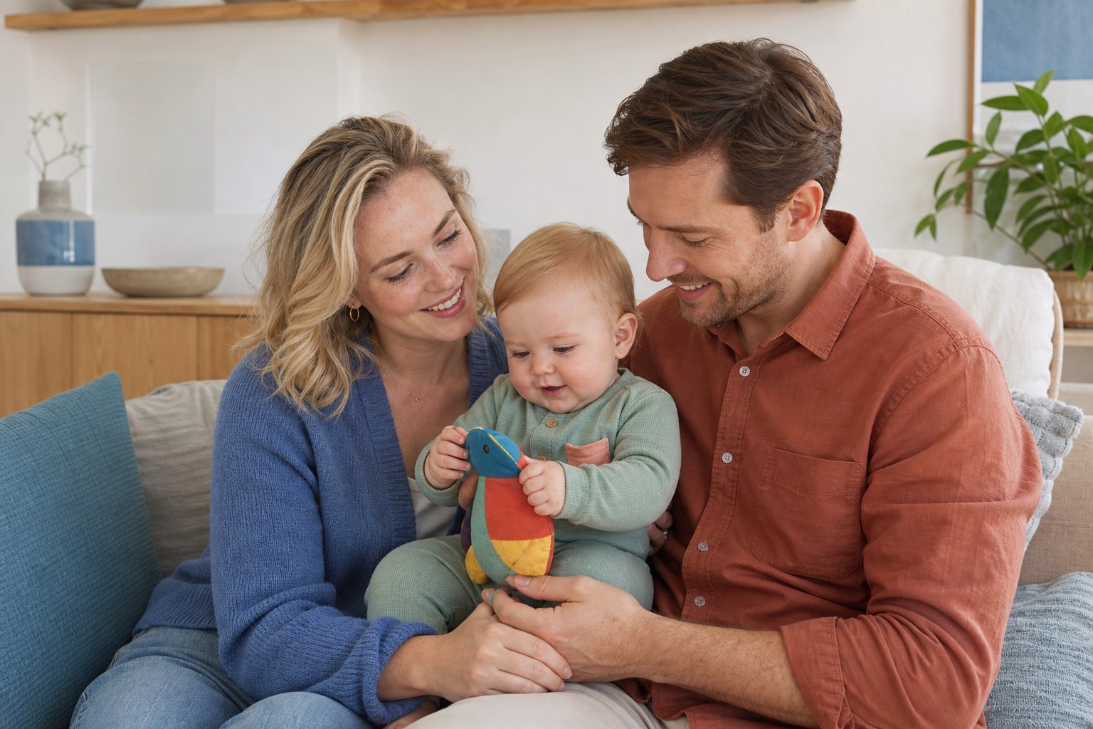 Casal com seu bebê em um momento de carinho em casa.